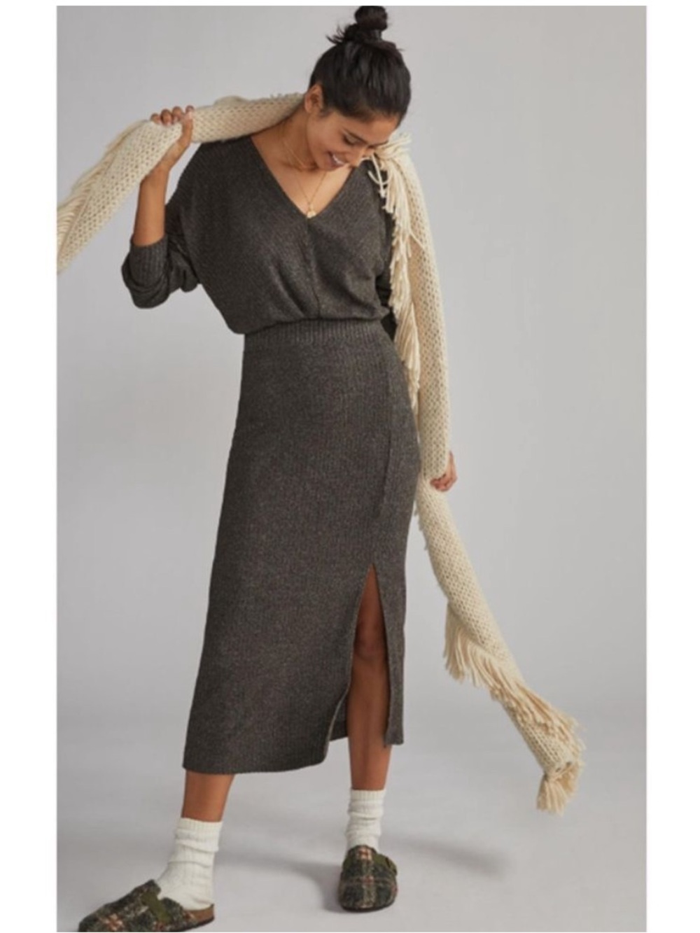 V-Neck Ribbed Midi Dress with Side Slit - Charcoal
